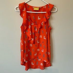 Maeve Sleeveless Ruffled Blouse With Fun Historic Cartoons Size 0